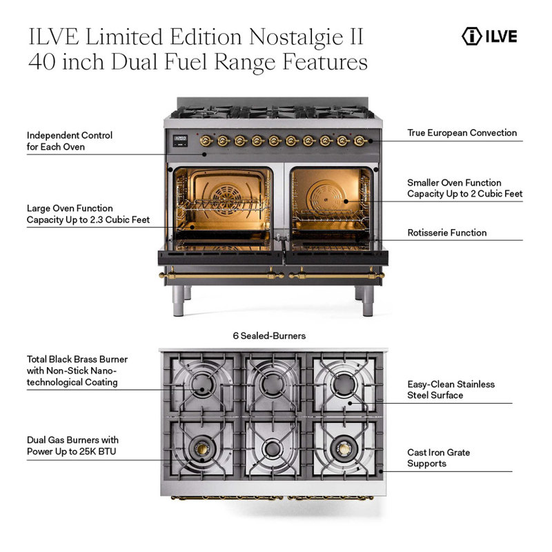 ILVE UPD406NMP Nostalgie II 40 inch Dual Fuel Range with 6 Total Black Brass Burners (Limited Edition), Graphite Matte