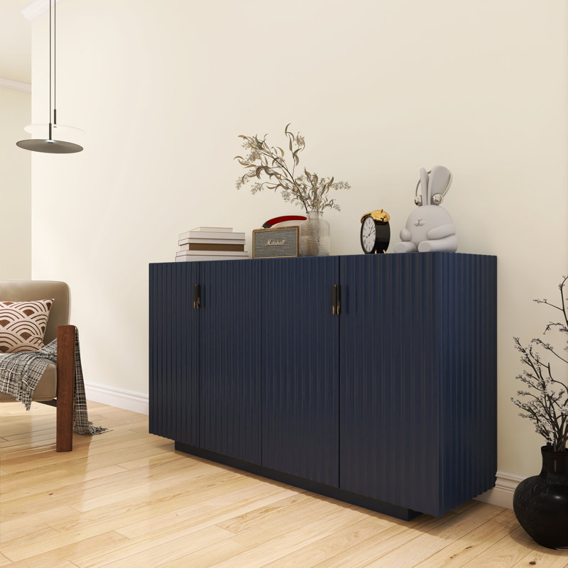 59.8" Wide Sideboard Fluted Storage Cabinet With Doors And Shelves, Antique Navy