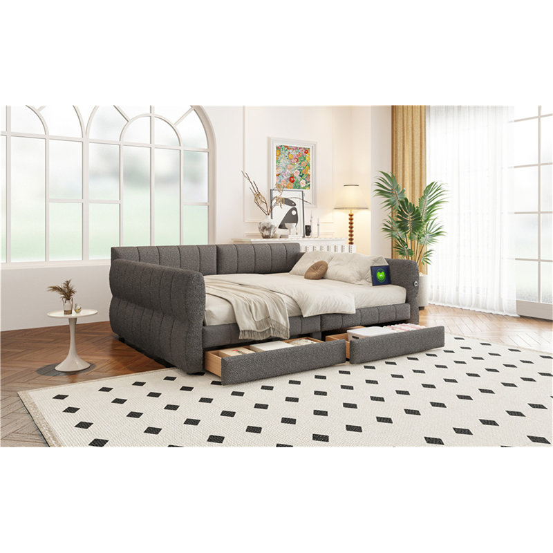Lit plateforme tapissier avec port USB et 2 tiroirs, Gris