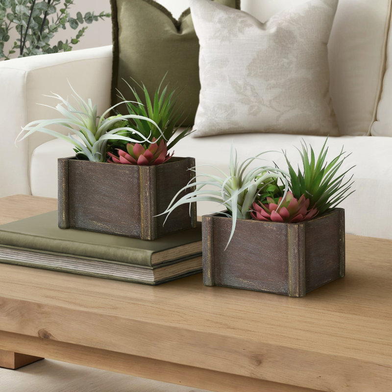 Lot de 2 plantes succulentes artificielles, 25 cm de hauteur, fausse verdure avec pots en bois brun pour la décoration de table