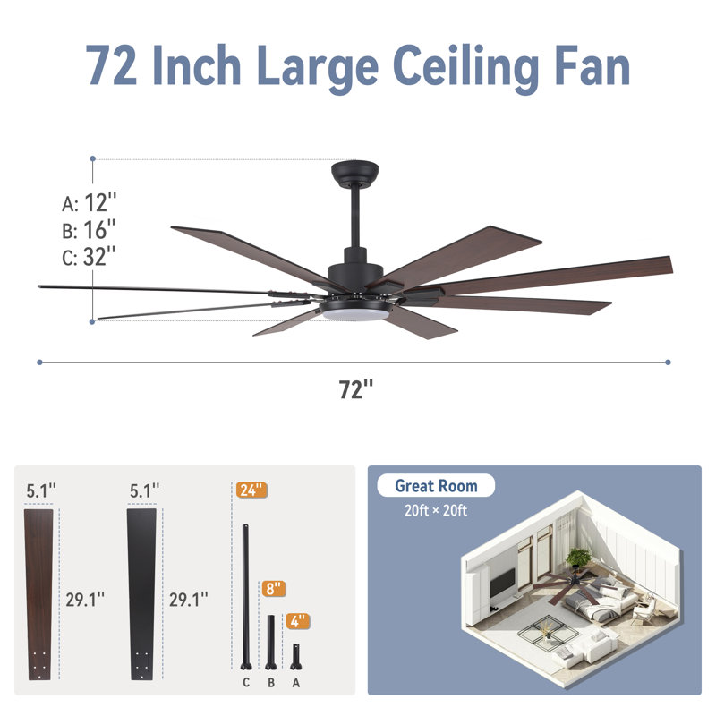 Cissline 72" 8-Blade Black Indoor/Outdoor LED Ceiling Fan with Light and Remote for Living Room/Bedroom/Kitchen, Black, Black