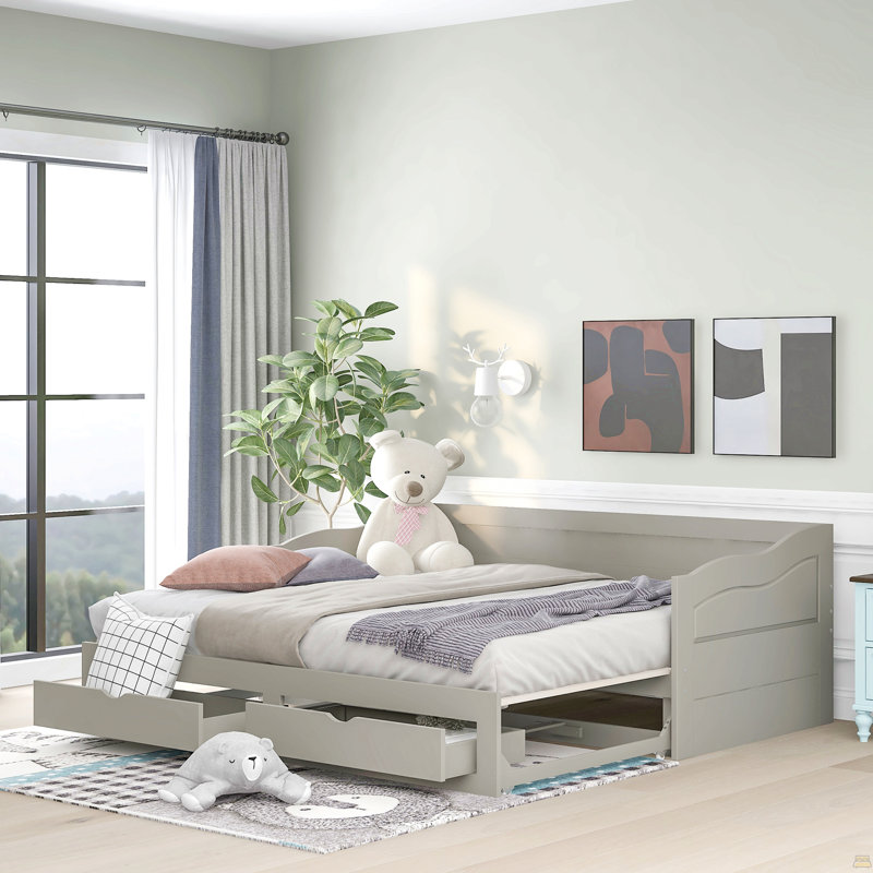 Wooden Daybed With Trundle Bed And Two Storage Drawers, Gray