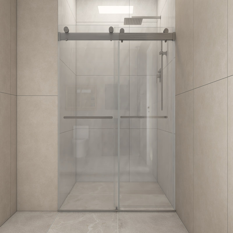 Porte de douche coulissante sans cadre en verre trempé à fermeture en douceur de l 48 po x H 76 po, Nickel brossé