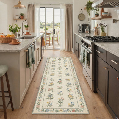 Aaron Vintage Cottagecore Wildflower Floral Area Rug, Machine Washable, Soft Faux Cashmere& Non-Slip Backing