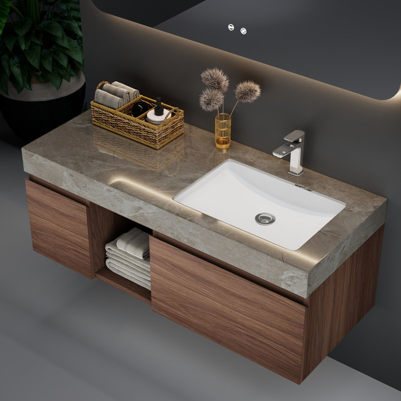 Wall Mounted Single Bathroom Vanity Modern floating Vanities with Solid Wood, 2 Drawers, Walnut, Gray , 48"