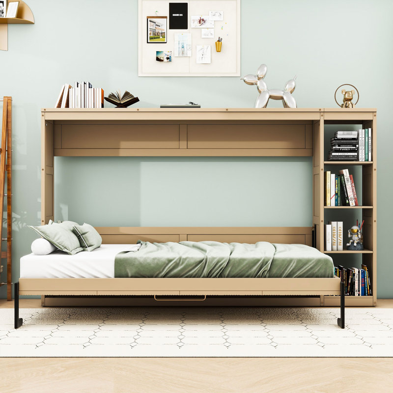 Lit escamotable en bois avec bibliothèque, Double