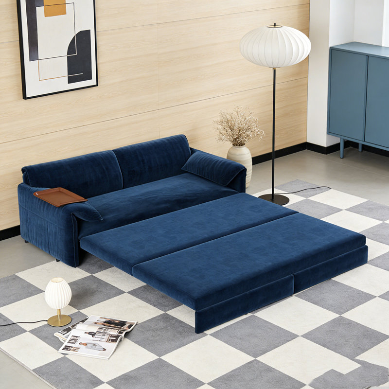 66" Queen Pull Out Sofa Bed, 3-in-1 Convertible Sleeper Sofa with Side Storage,Multi-Functional Velvet Loveseat Bed, Blue