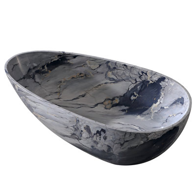 59" Freestanding Solid Surface Bathtub With Ink-style Marble Finish, Egg Design Resin Stone Bathtub With Backrest