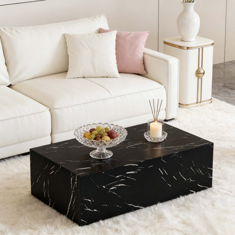 39.3" Black Marble Texture MDF Coffee Table, Luxurious Rectangular Accent Table For Living Room, Stylish & Durable Centerpiece
