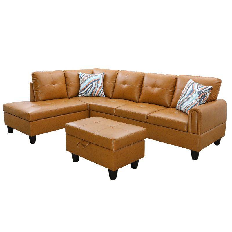 Jayzen 3 - Piece Vegan Sectional, Left Hand Facing, Black, Ginger Brown Leather