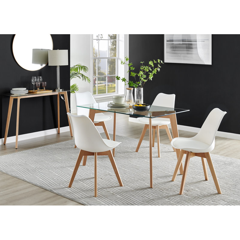 Scandinavian Dining Table Set - Minimalist Style Glass and Metal Leg with 4 Luxury Dining Chairs, White, Wood