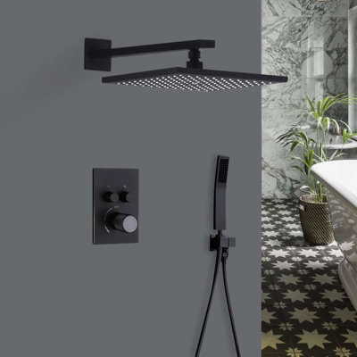 BathSelect Pescia Matte Black 10 Wall Mount Square Shower System with Thermostatic Mixer and Handheld Shower