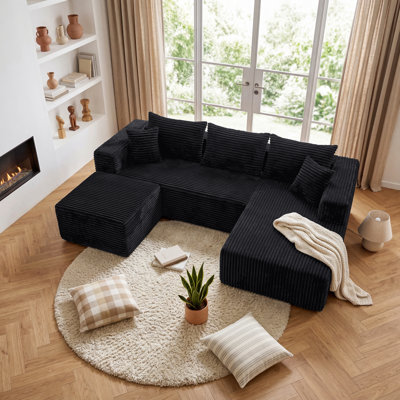 108.6"W 3-Piece U-Shaped Sectional Sofa with 5 Pillows, Soft Flannel Fabric and Pocket Spring Support, No Assembly Required Modular Couch for Living Room, Black