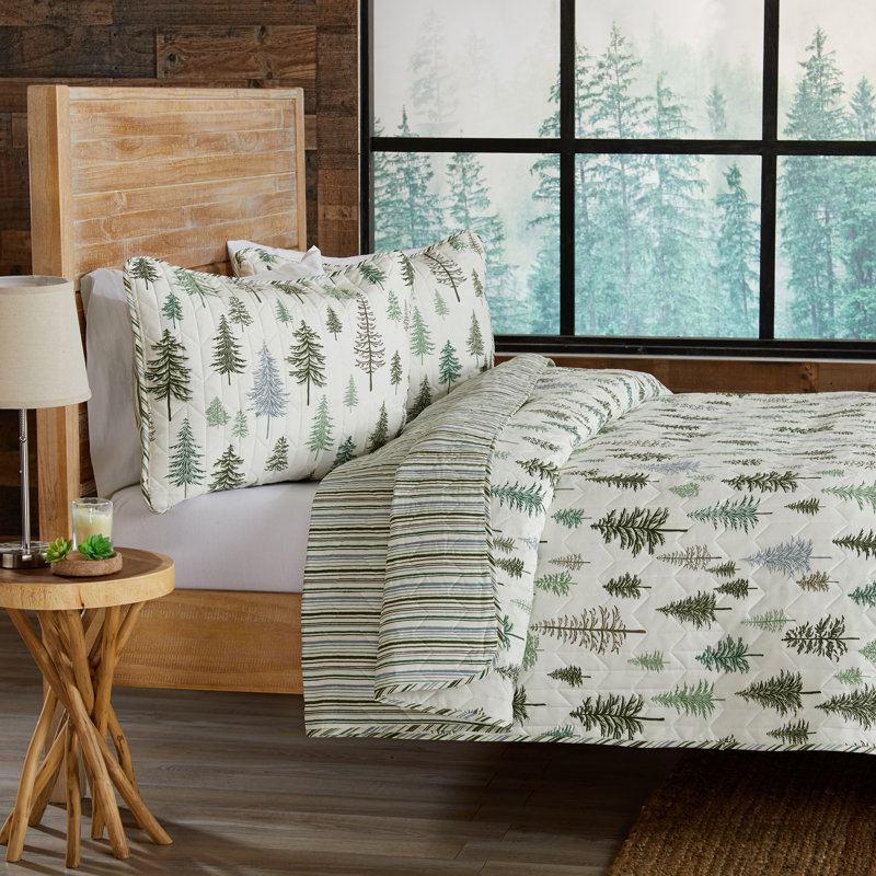 Rustic Lodge Trees Microfiber Reversible Quilt Set With Shams, Full / Queen Quilt + 2 Standard Shams