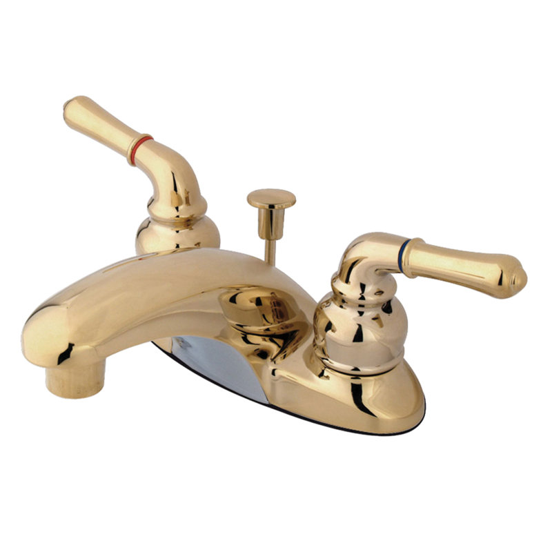 Kingston Brass Magellan Two-Handle Deck Mount 4" Centerset Bathroom Faucet, Polished Brass, Not Pop-Up Drain Included