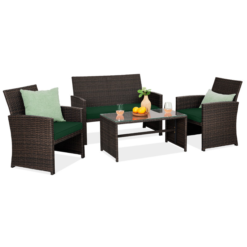  4-Piece Outdoor Wicker Patio Conversation Furniture Set W/ Table, Cushions - Brown/Midnight Green