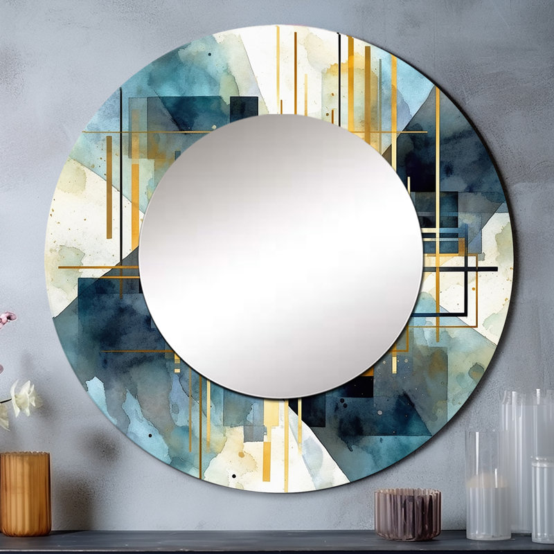 Or bleu abstraite Realities - formes abstraites, miroir mural, miroir rond moderne, impression d'art en métal, 36 po x 36 po