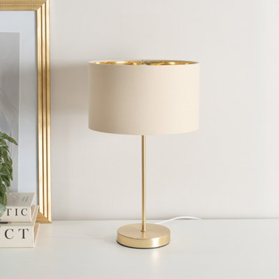 Charlie Gold Stem Metal Table Lamp with Natural with Gold Inner Lamp Shade and LED Bulb