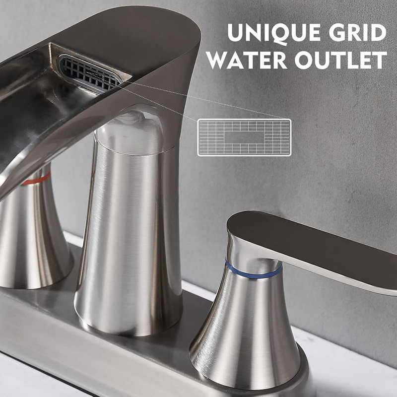 Robinet de salle de bain en nickel brossé - Robinet à cascade 4 pouces avec 2 poignées, bec pivotant à 360 degrés, lavabo à 3 trous, bonde escamotable
