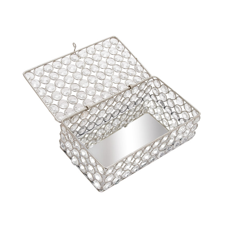 Silver Metal Rectangular Jewelry Box with Rhinestone Embellishments
