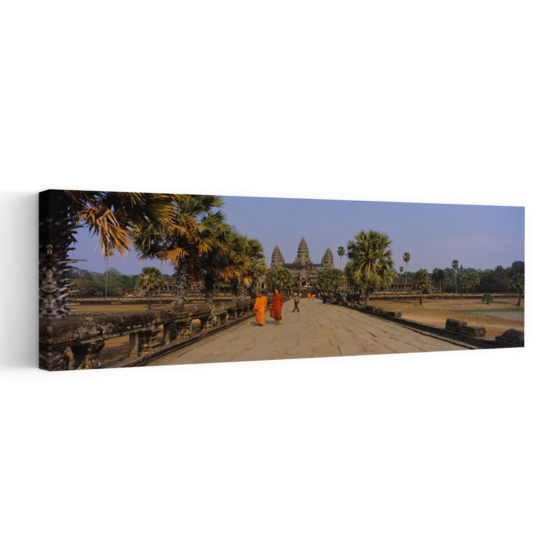Two Monks Walking In Front Of An Old Temple, Angkor Wat, Siem Reap, Cambodia Traditional Abstract Contemporary Palm Tree Architecture Landscape Wal...