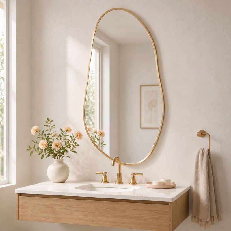 Miroir mural moderne en aluminium avec cadre asymétrique pour meuble-lavabo, 38 po x 20 po, Champagne Gold