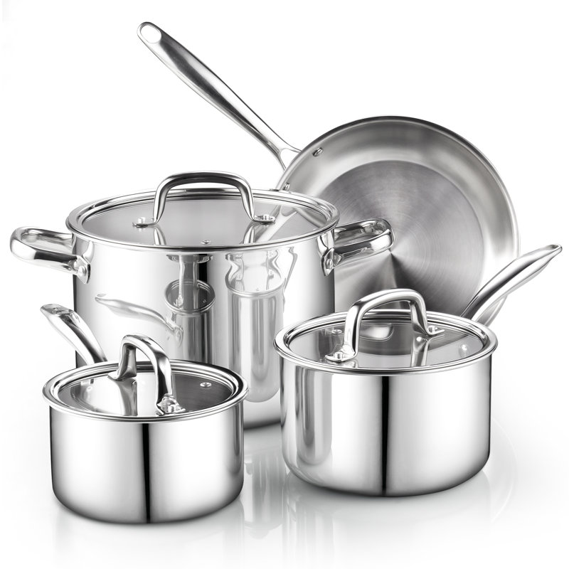 Cook N Home Classic  Stainless Steel Tri-ply Clad Kitchen Cookware Set, Includes Saucepans, Stockpots with Glass Lids, Frying Pans,  Induction-Ready, Dishwasher and Oven Safe, 7-Piece