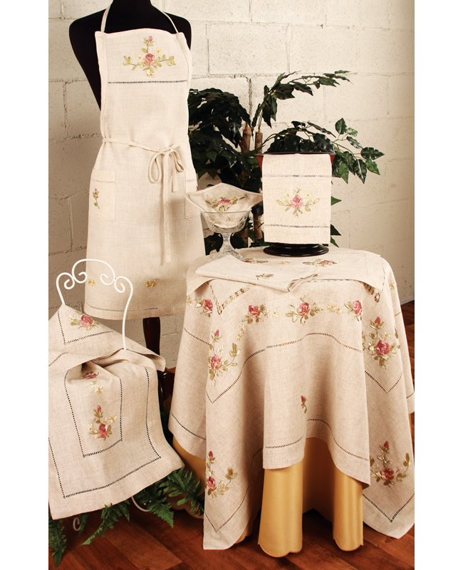 Ribbon Embroidery Rose on Natural Linen with Hemstitch Table Runner