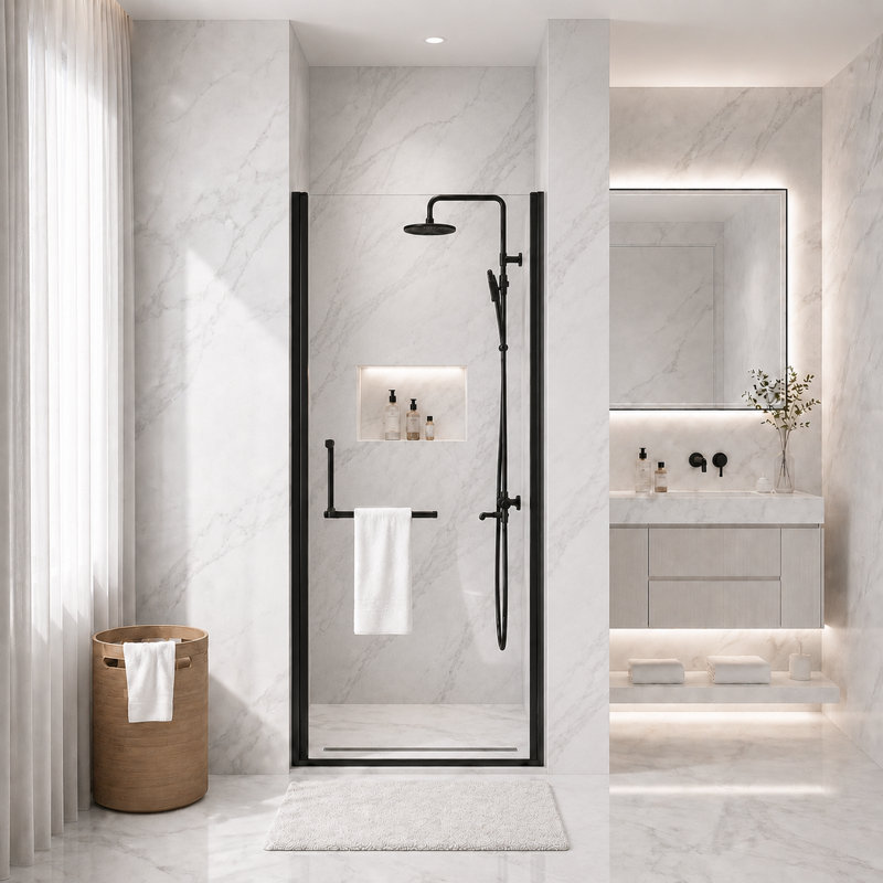 Porte de douche à pivot demi-cadre 28 "à 29,2" x 72 ", verre trempé 1/4", largeur réglable de 1,2 pouce, installation réversible, noir mat