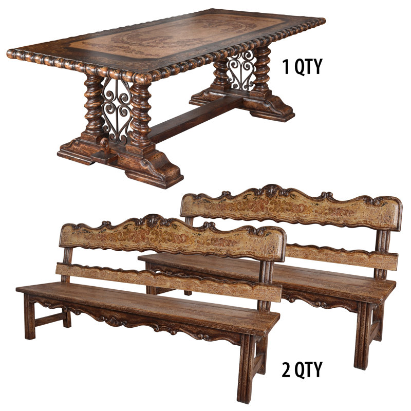 Belruse Spanish-Influenced Mahogany Dining Table Set with Benches