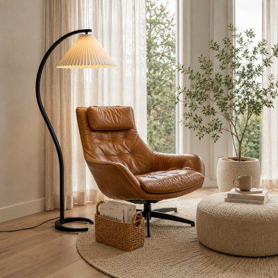 Arched Floor Lamp, Mid-Century Modern Curved Wood Tall Standing Light With Pleated Fabric Shade For Living Room & Bedroom