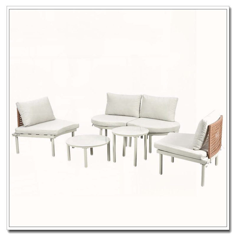 Canapé modulaire d'extérieur demi-lune avec 2 tables basses High-Low, 6, Beige