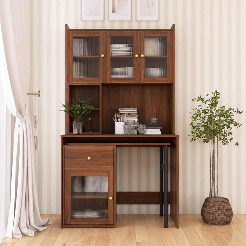 Antheris Modern Computer Desk Set with Glass Doors, Walnut