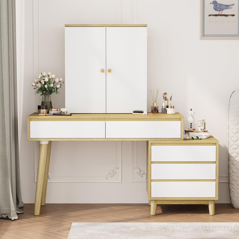 Coiffeuse à maquillage avec tablettes ouvertes, grand miroir et 6 tiroirs de rangement