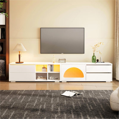 Meuble télé moderne avec porte en verre cannelé pour téléviseur de 100 po ou moins, console multimédia avec porte coulissante et 2 tiroirs, centre de divertissement à combinaison libre avec éclairage DEL pour le salon, la chambre à coucher, blanc