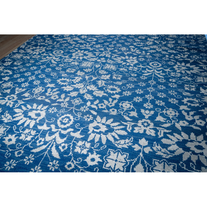 Hand-Knotted Blue Wool Traditional Floral Oushak Area Rug