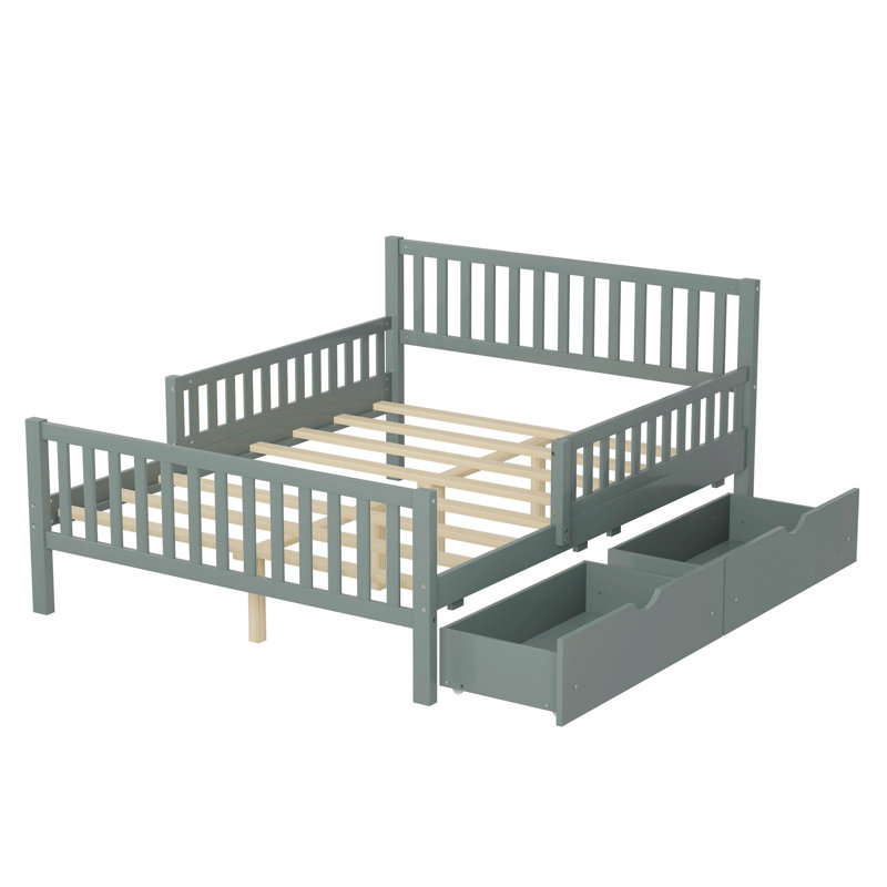 Lit plateforme en bois avec garde-corps et deux tiroirs de rangement