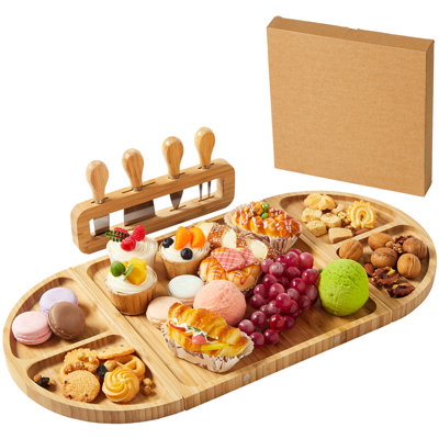 Plateau à fromage rustique en bois magnétique 3-en-1 Plateau ovale 4 couteaux en acier inoxydable Compartiments Fêtes Mariages