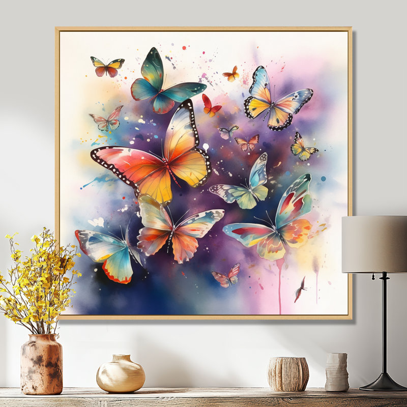 «Purple Butterflies In The Air», reproduction d'art sur toile, H 36 po x l 36 po, Cadre flottant érable