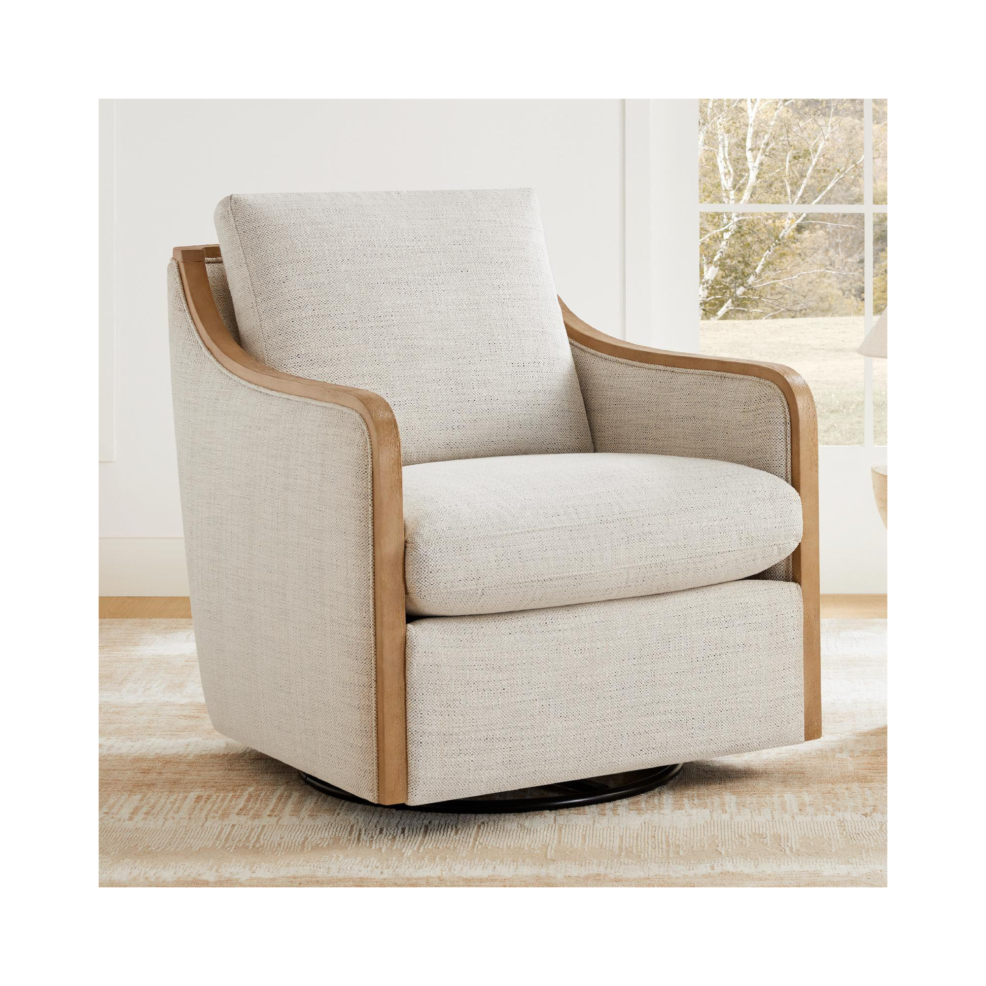 Grayton Oversized Upholstered Swivel Barrel Chair, Prestige Ivory Basketweave