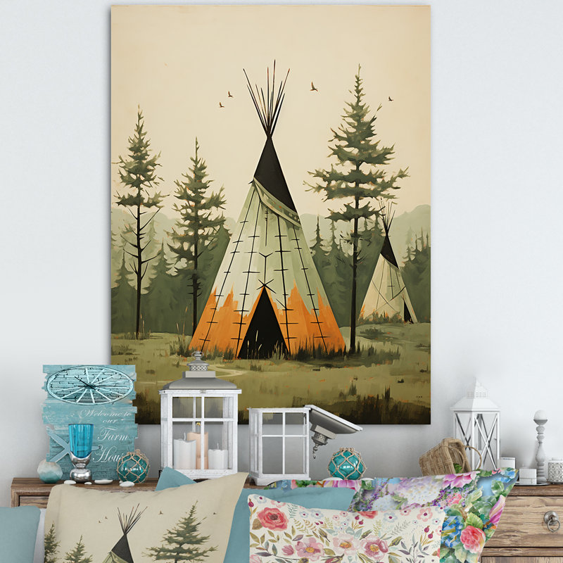Green Native Tipi Serenity In Nature II - Native American Wall Art Prints, H 20 po x l 12 po x P 1 po, Cadre flottant noir