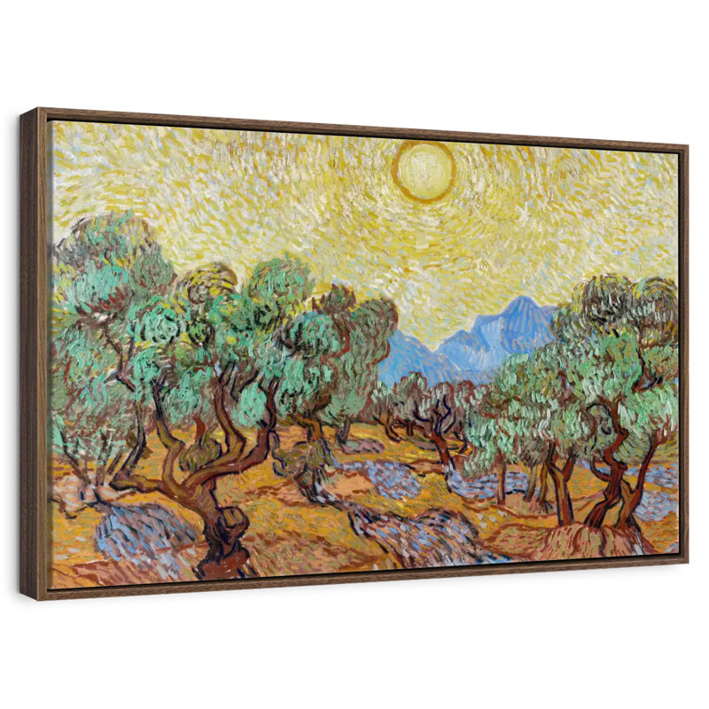 Oliviers avec ciel jaune et soleil, Cadre flottant en noyer, 31 po x 21 po