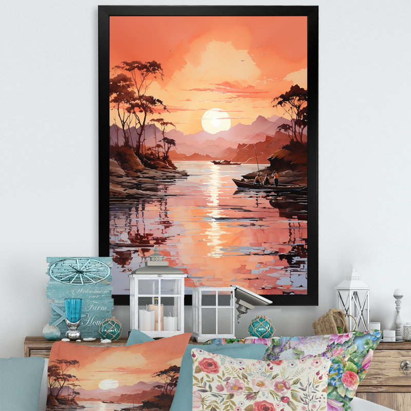 Golden Sunrise Silhouetted II - Nautical & Beach, reproduction d'art mural, H 44 po x l 34 po x P 1,5 po, Cadre photo noir