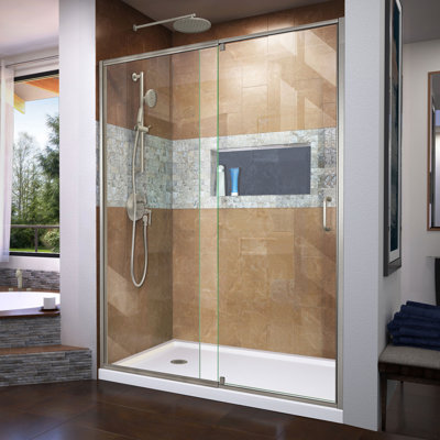 DreamLine Flex P 30 po x l 60 po x H 74 3/4 po Porte de douche semi-cadrée en nickel brossé avec base de douche blanche à drain à gauche