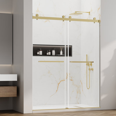 Porte de douche coulissante, l 56-60 po x H 76 po, porte de douche coulissante en verre sans cadre avec verre trempé clair Sgcc 5/8 po (8 mm)