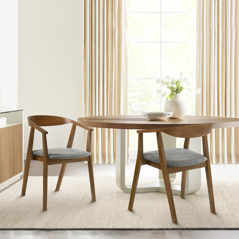 Chaises de salle à manger à dossier ouvert avec accoudoirs en bois d'hévéa et tissu Jeyhan, 2, Gris anthracite, Brun