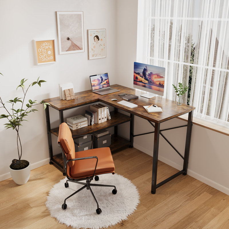 Ambus L Shape Computer Desk, Left Hand, Brown/Black, 140cm W x 80cm D