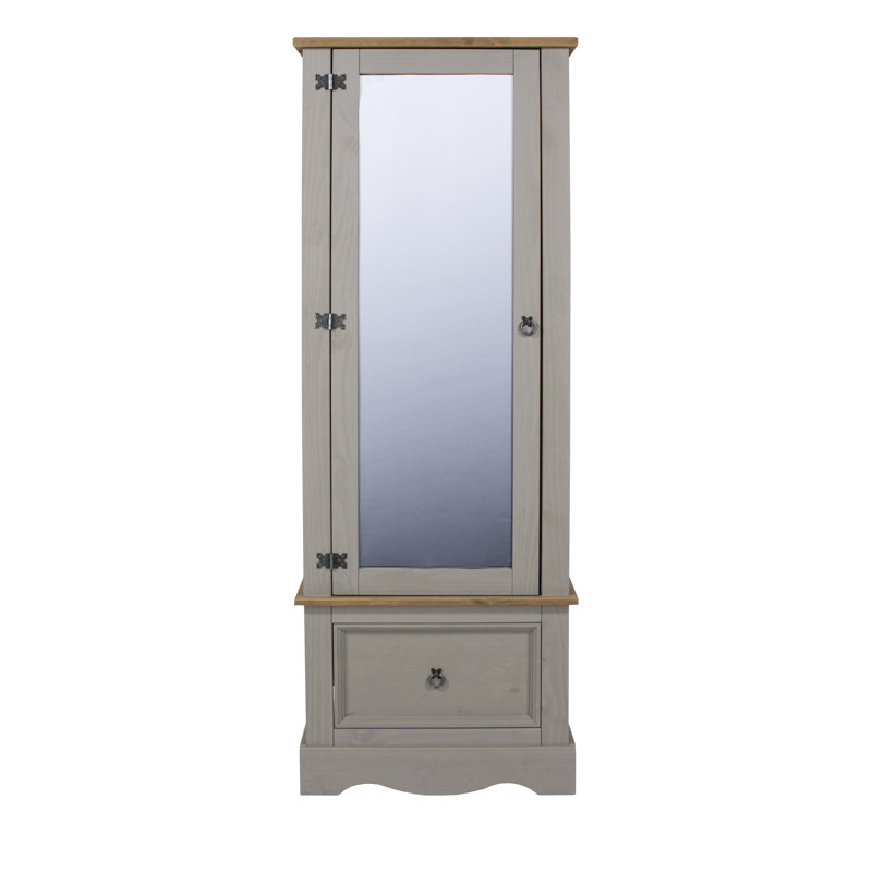 Apache 1 Mirrored Door, 1 Drawer, Compact Wardrobe, Pine, Waxed Finish, Corona Design, Grey