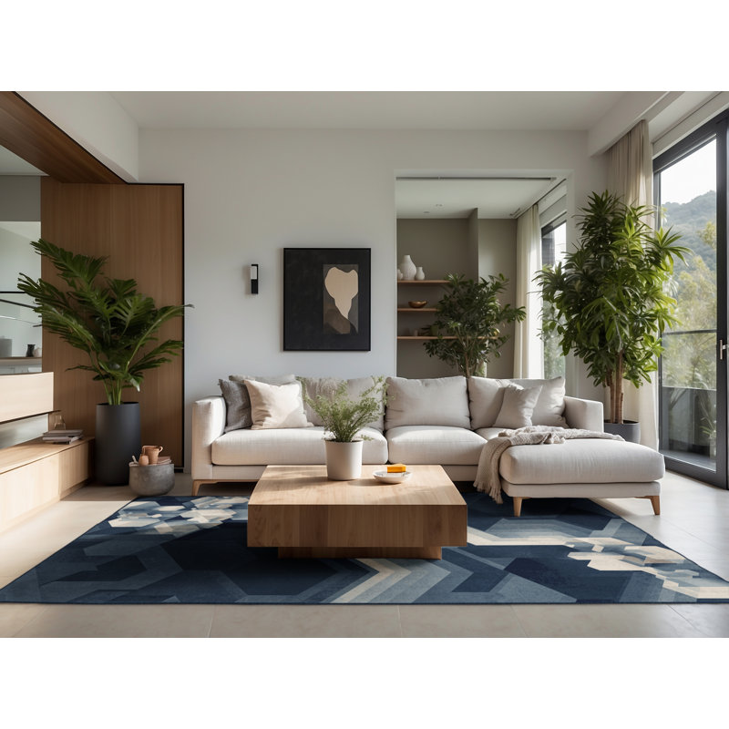 Soft Plush Eichhorn Modern & Contemporary Abstract Area Rug in Gray – Navy Binding, 7x10