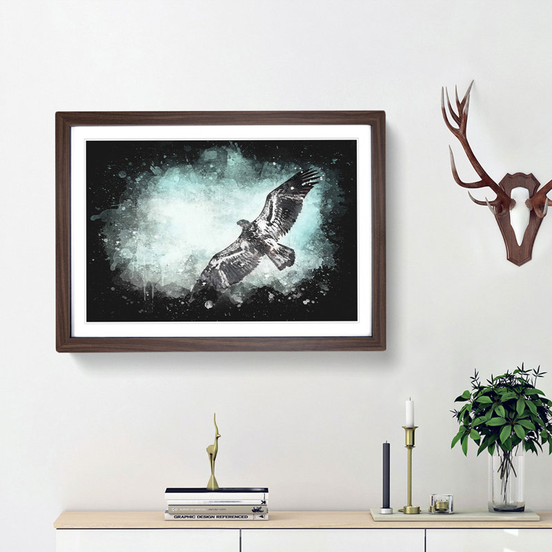 Eagle Bird In The Clouds Paint Splash - Framed Print, 24cm H x 33cm W x 2cm D, Walnut Framed